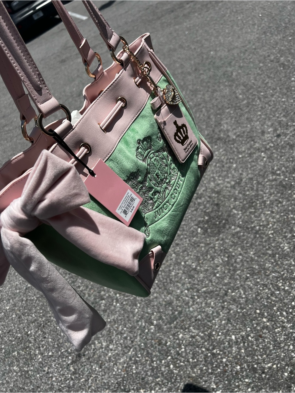Juicy Couture Mint and Pale Pink Tote with Crest Charm